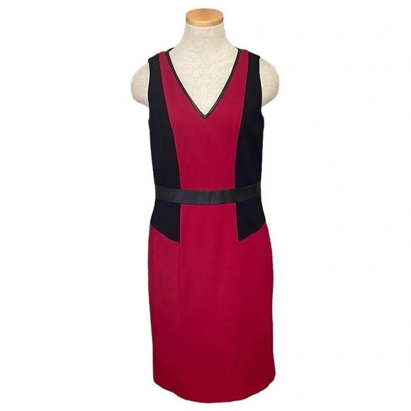 CYNTHIA STEFFE Dress Sheath Red Black Stretchy Faux Leather Trim Size 6 - Picture 1 of 13